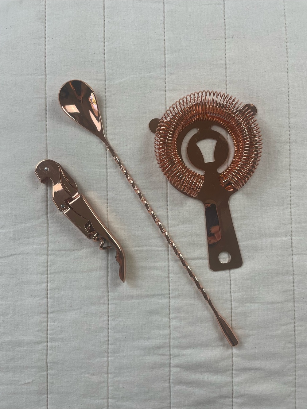 Rose Gold Bar Set - Cocktail Spoon, Corkscrew & Hawthorne Strainer